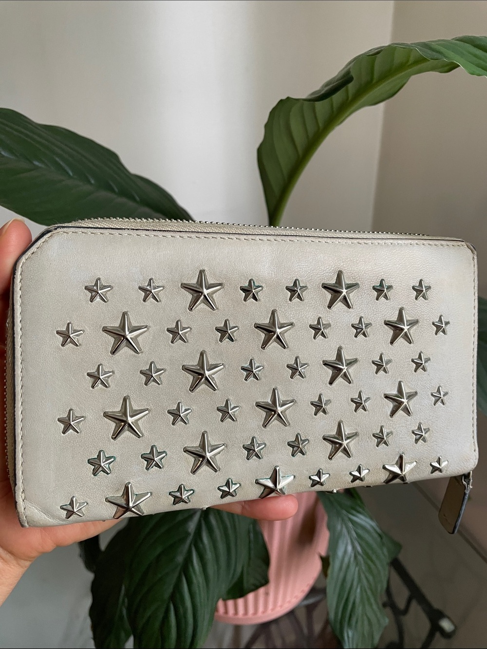 Jimmy Choo White Leather Star-Stud Zip Wallet